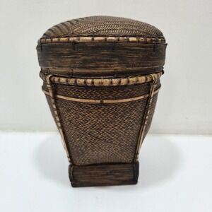 CHINESE ASIAN RICE BASKET Woven Dark Wicker Bamboo Unique Design